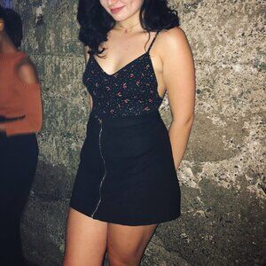 High Waisted Black Velvet Zip Up Skirt